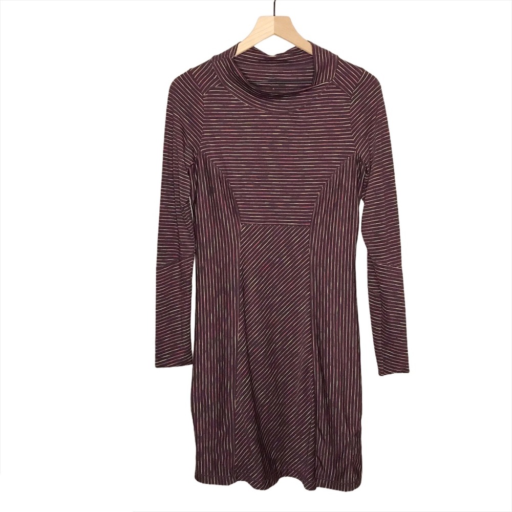 Prana Long Sleeve Mock Neck Striped Scramble Dress in Purple XS